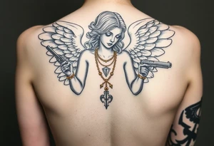 old angel statue in criminal style, tattooed and at the same time contemporary, weapons in hand, gangster-style gold necklaces tattoo idea