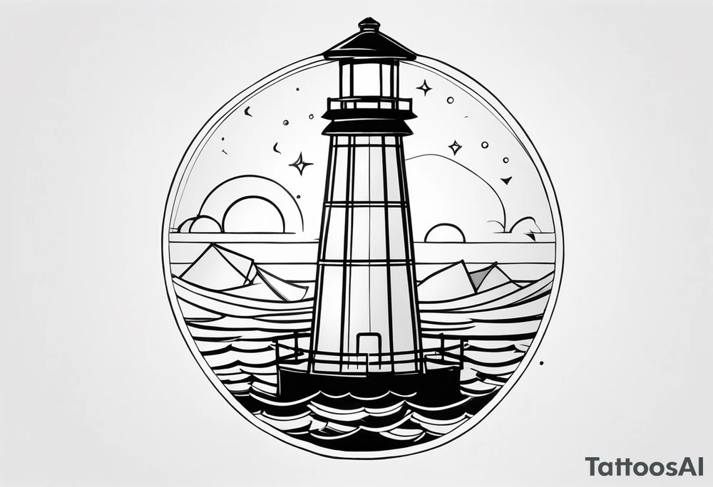 farol iluminado um pouco geometrico, com a luz acesa em um mar agitado, com linhas bem finas e delicadas e bordas limitadas tattoo idea