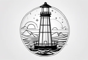 farol iluminado um pouco geometrico, com a luz acesa em um mar agitado, com linhas bem finas e delicadas e bordas limitadas tattoo idea