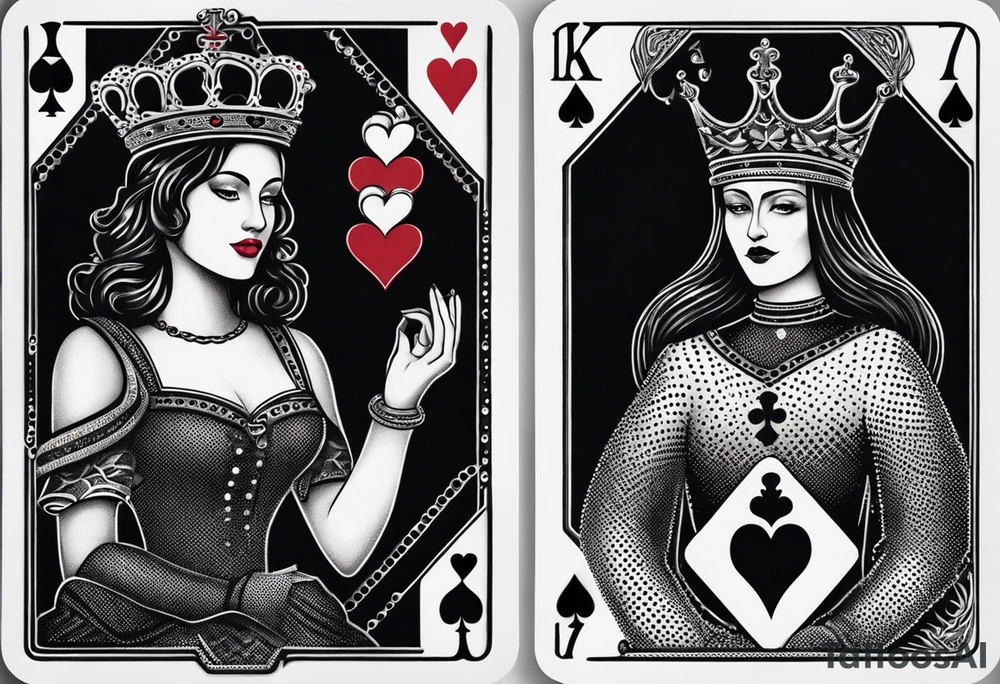 one playing card with both queen of hearts and king of spades in extreme minimalistic  style tattoo idea