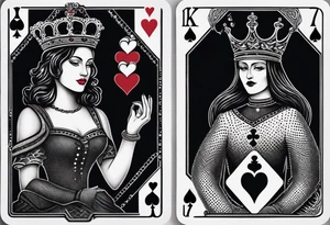one playing card with both queen of hearts and king of spades in extreme minimalistic  style tattoo idea