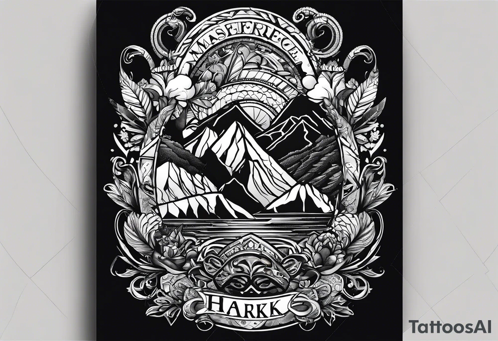 A tattoo with the word "HARK" include images related to rock climbing, traveling, and lakes. tattoo idea