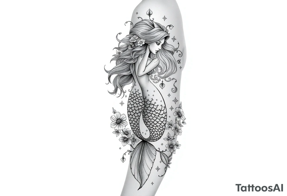 ethereal mermaid with flowing hair among coral and sea flowers tattoo idea
