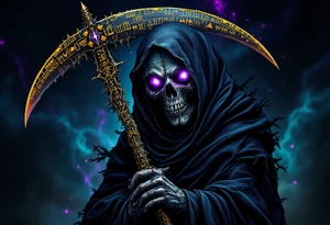 A dark Reaper with glowing violet eyes and a jagged scythe etched with ancient runes in gold. tattoo idea