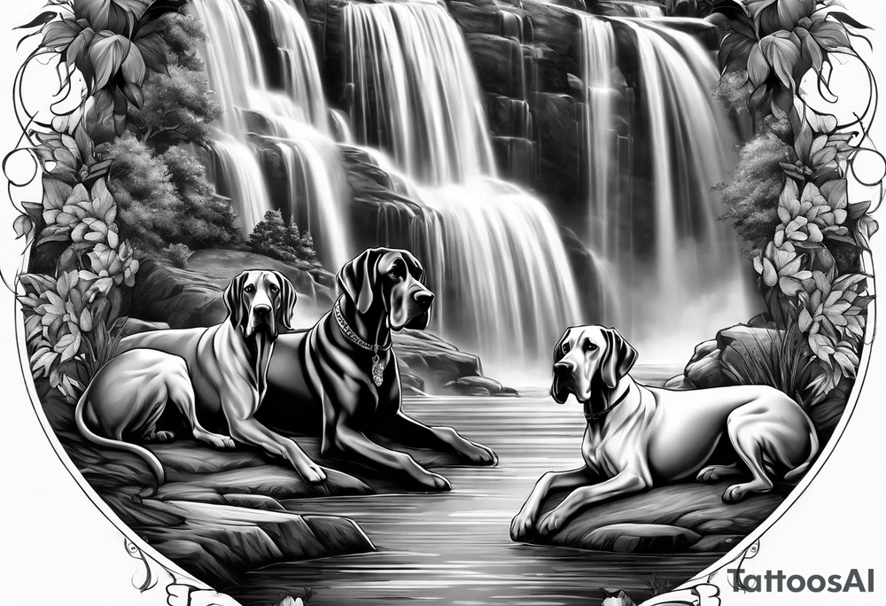Arm sleeve- with four Great Danes in front of waterfall tattoo idea