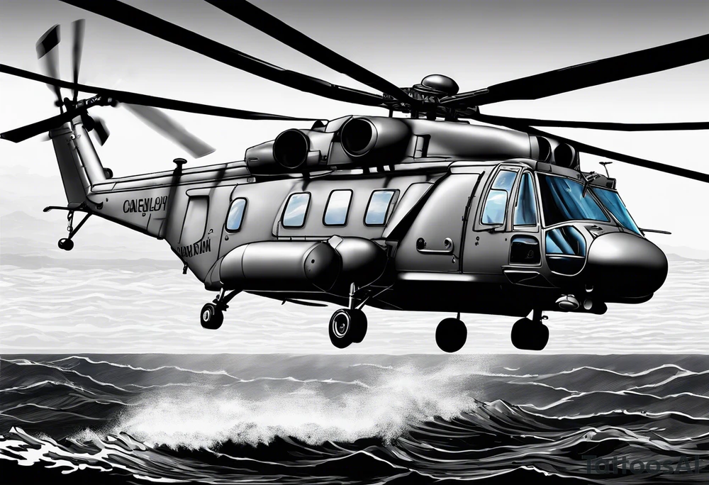 canadian military grey helicopter cyclone CH-148, a helicopter flying over rough water, Clear sky, sunset
, military art, ocean specular, highly detailed background, tattoo idea