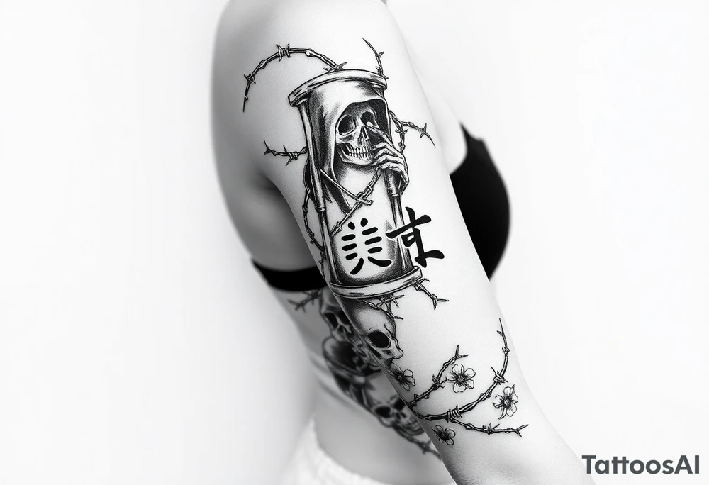 barbed wire hourglass bad luck vines bones skulls reaper a large text of 사랑은 아프다 tattoo idea