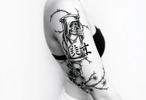 barbed wire hourglass bad luck vines bones skulls reaper a large text of 사랑은 아프다 tattoo idea