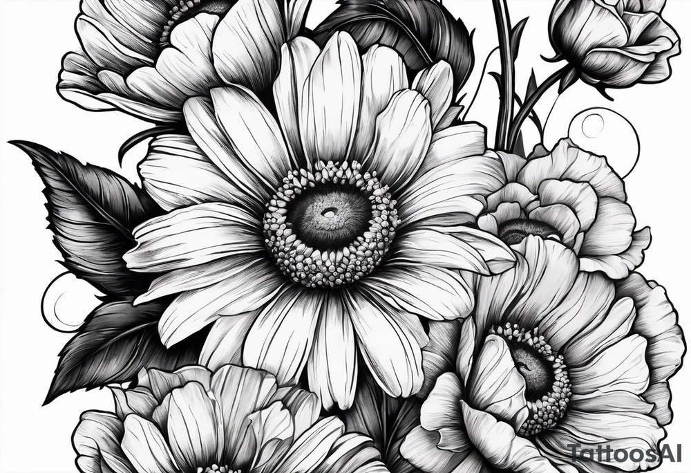 A sleeve of a single daisy and a rose with poppies and gladiolus flowers weaving through the daisy and rose tattoo idea