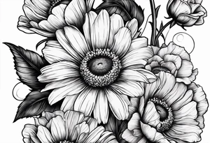 A sleeve of a single daisy and a rose with poppies and gladiolus flowers weaving through the daisy and rose tattoo idea