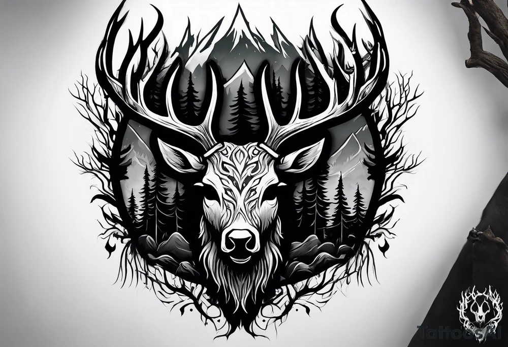 A scary wendigo with a decayed deer skull head with flames behind in a forest tattoo idea