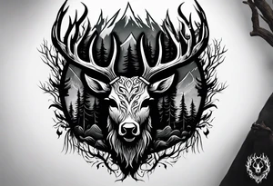A scary wendigo with a decayed deer skull head with flames behind in a forest tattoo idea