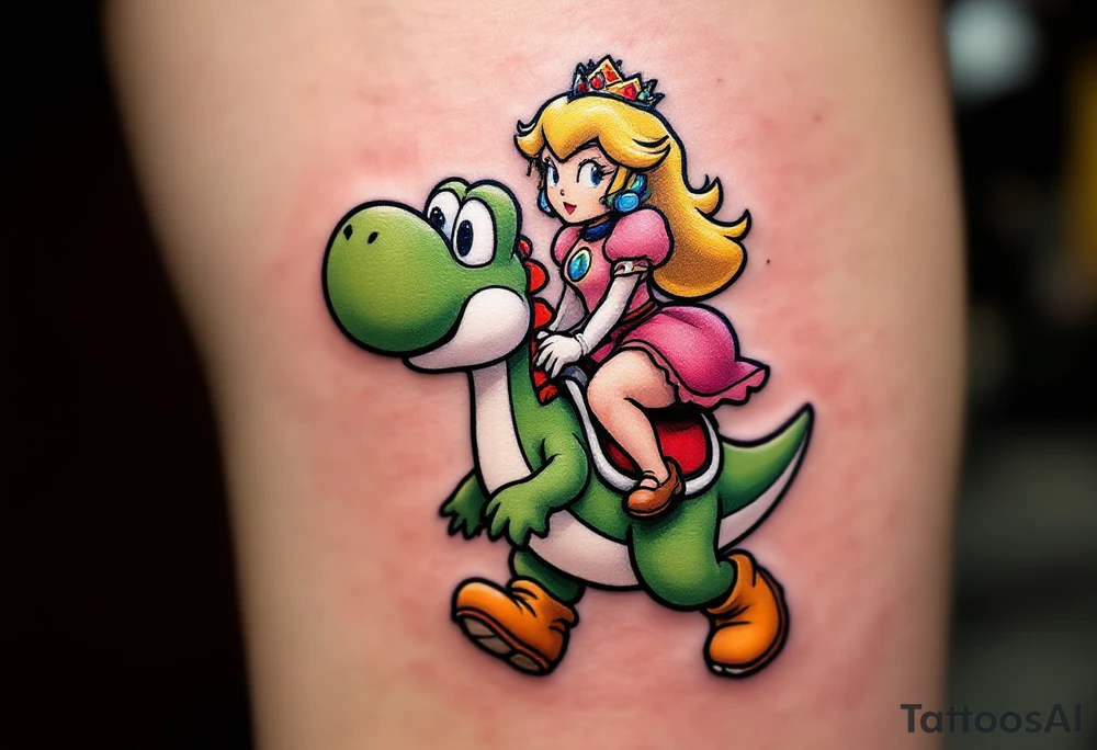 Princess Peach riding Yoshi from Mario Bros with vibrant colors. Make it more like the super Mario bros movie. Her dress should be poofier and covering her legs while he has red saddle with white trim. He should be walking upright tattoo idea