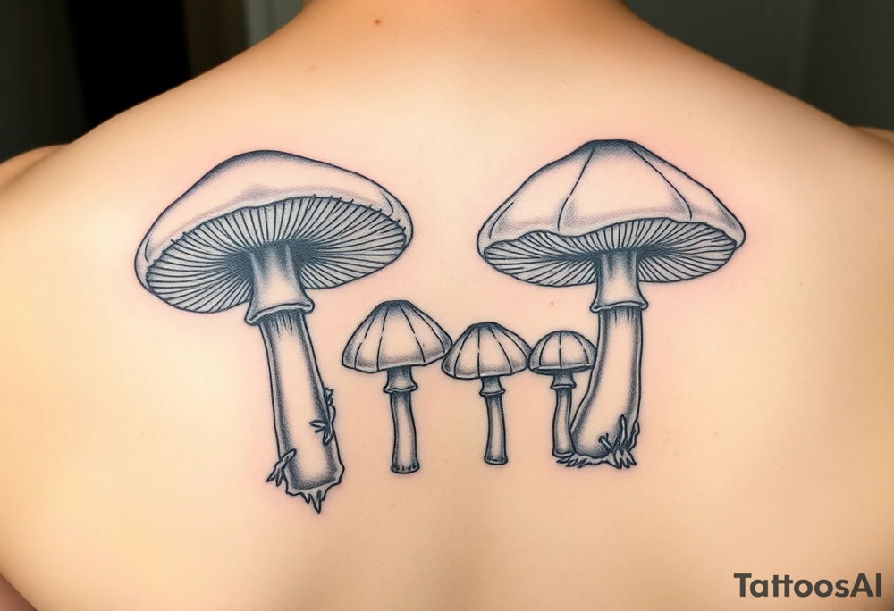 Psychedelic mushrooms two big four small with the stems of the small ones being their birth date which is 8/3/18, /9/10/21, 11/18/22 and 1/20/25. More color tattoo idea