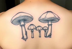 Psychedelic mushrooms two big four small with the stems of the small ones being their birth date which is 8/3/18, /9/10/21, 11/18/22 and 1/20/25. More color tattoo idea