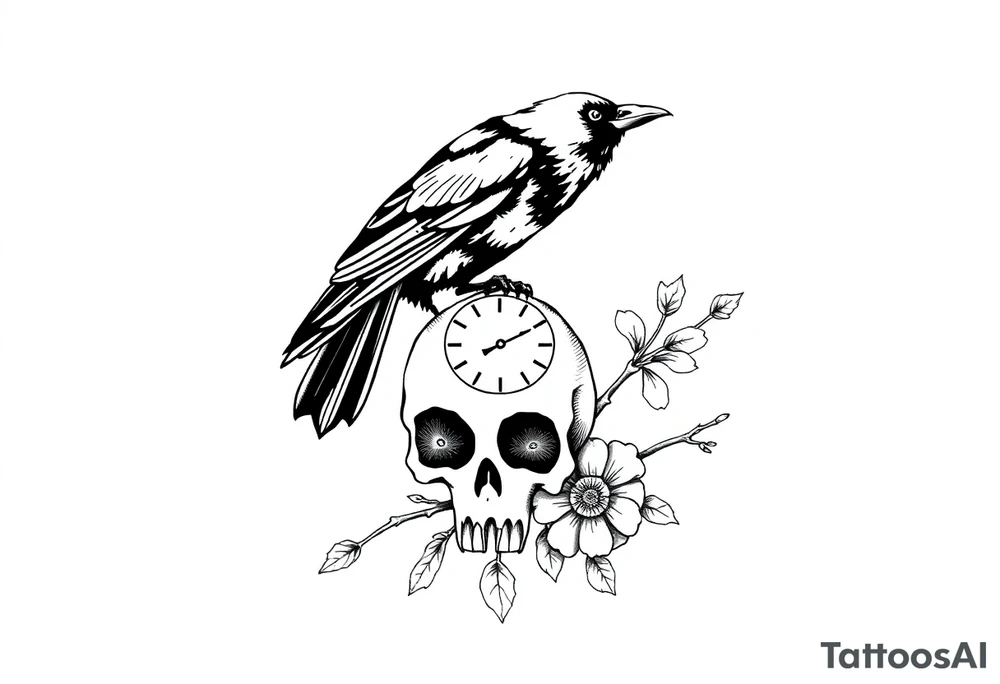 raven looking over its shoulder on a branch skull and clock and flower tattoo idea