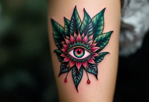 A ruby red Udjat eye surrounded by dark green papyrus leaves for healing and wholeness. tattoo idea