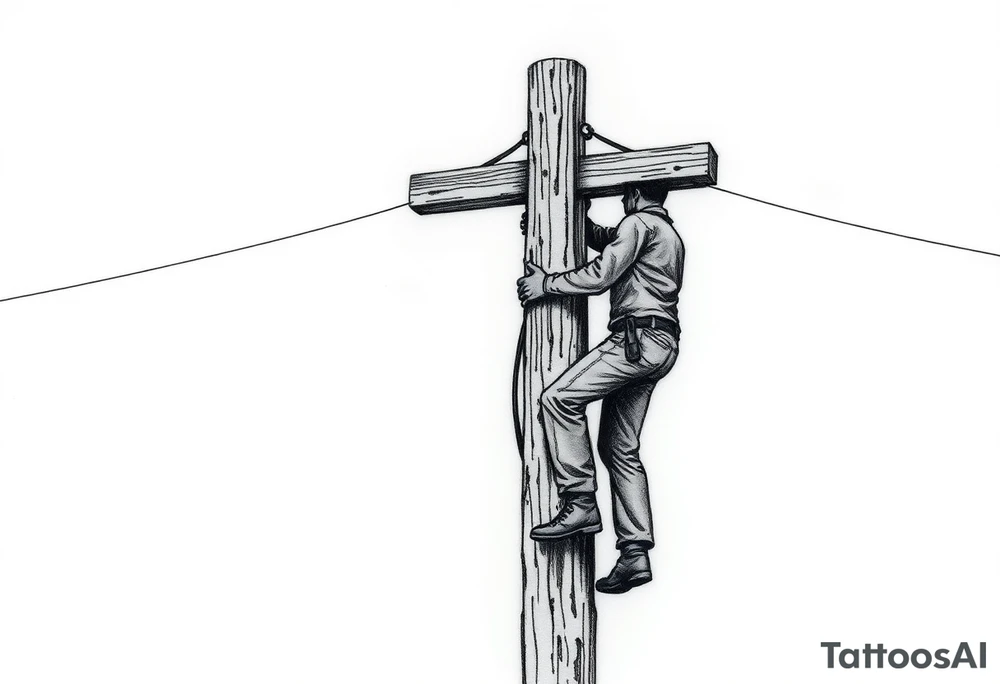 power lineman climbing a wooden 12kv pole. Make the pole a cross that has a hidden resemblance to god. tattoo idea