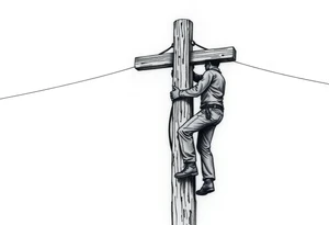 power lineman climbing a wooden 12kv pole. Make the pole a cross that has a hidden resemblance to god. tattoo idea