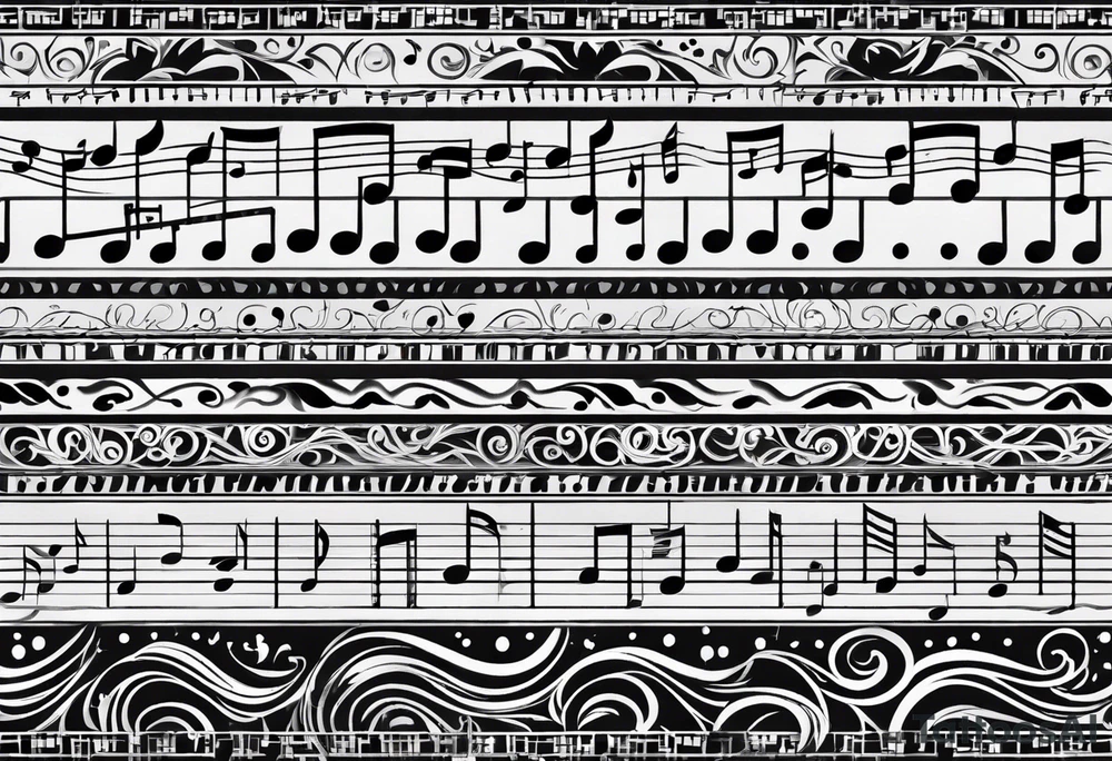 Armband tattoo, combining:
music notes, this text: タランチュラ, digits.
Add detailed patterns and air-like effects tattoo idea