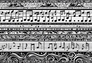 Armband tattoo, combining:
music notes, this text: タランチュラ, digits.
Add detailed patterns and air-like effects tattoo idea