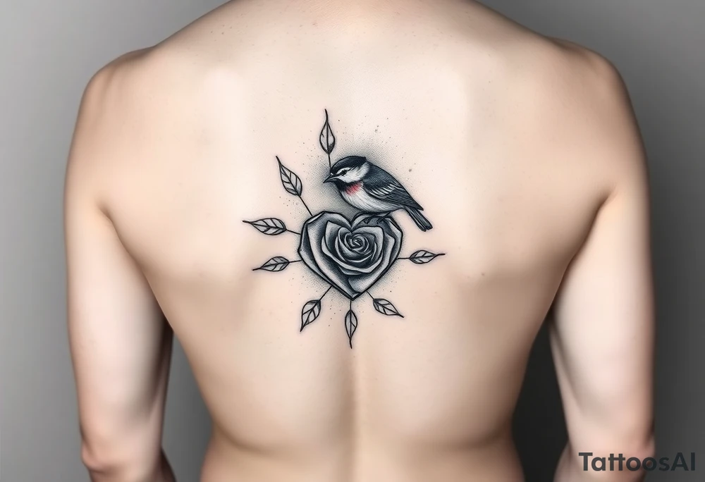 Small Feminine red rose and robin with a infinity heart on hip tattoo idea