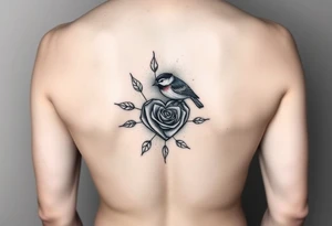 Small Feminine red rose and robin with a infinity heart on hip tattoo idea