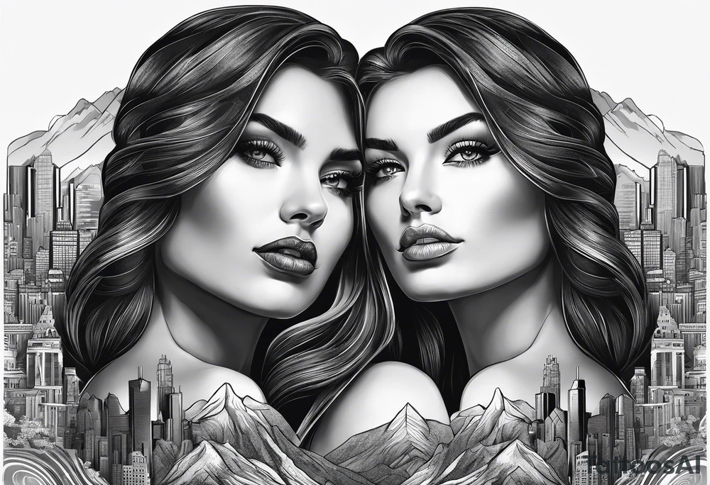 2 womans faces looking into each other eyes the womans face on the right side morphs into a city and the womans face on the left side morphs into mountains tattoo idea