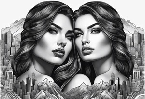 2 womans faces looking into each other eyes the womans face on the right side morphs into a city and the womans face on the left side morphs into mountains tattoo idea