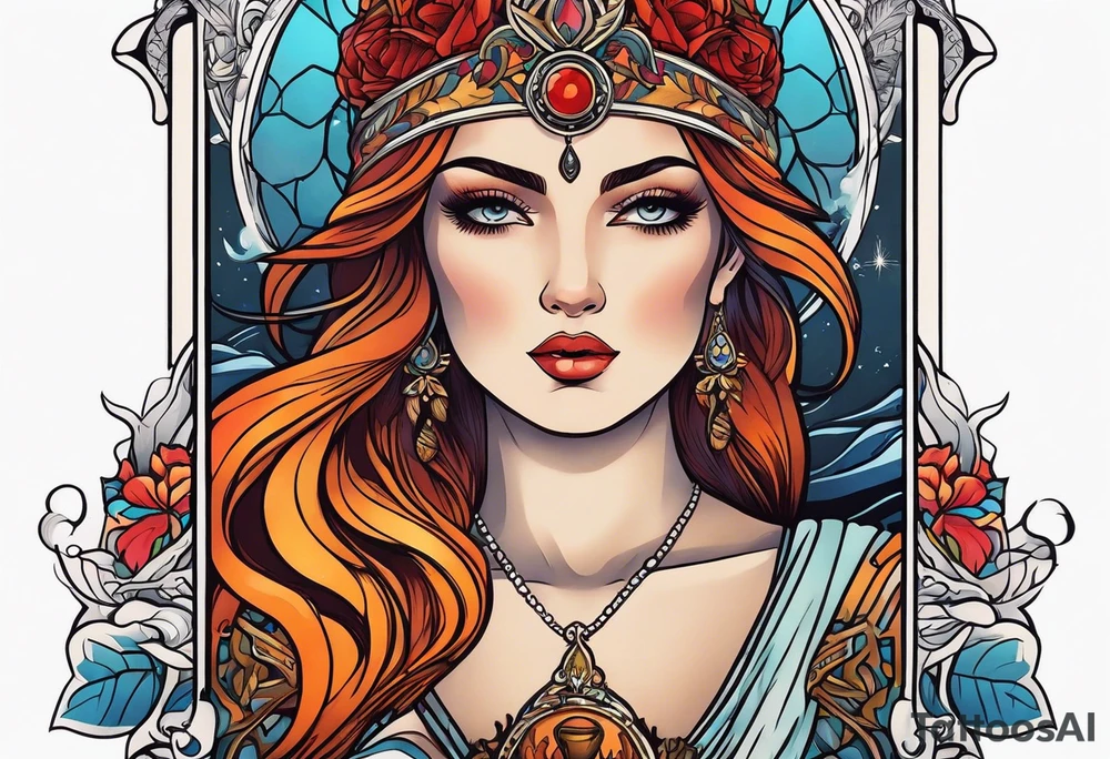 Lady of the lake in a tarot card design tattoo idea