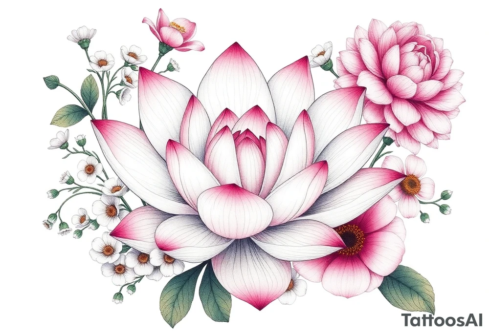 Lotus flower surrounded by forget me nots and peonies tattoo idea