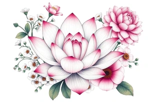 Lotus flower surrounded by forget me nots and peonies tattoo idea
