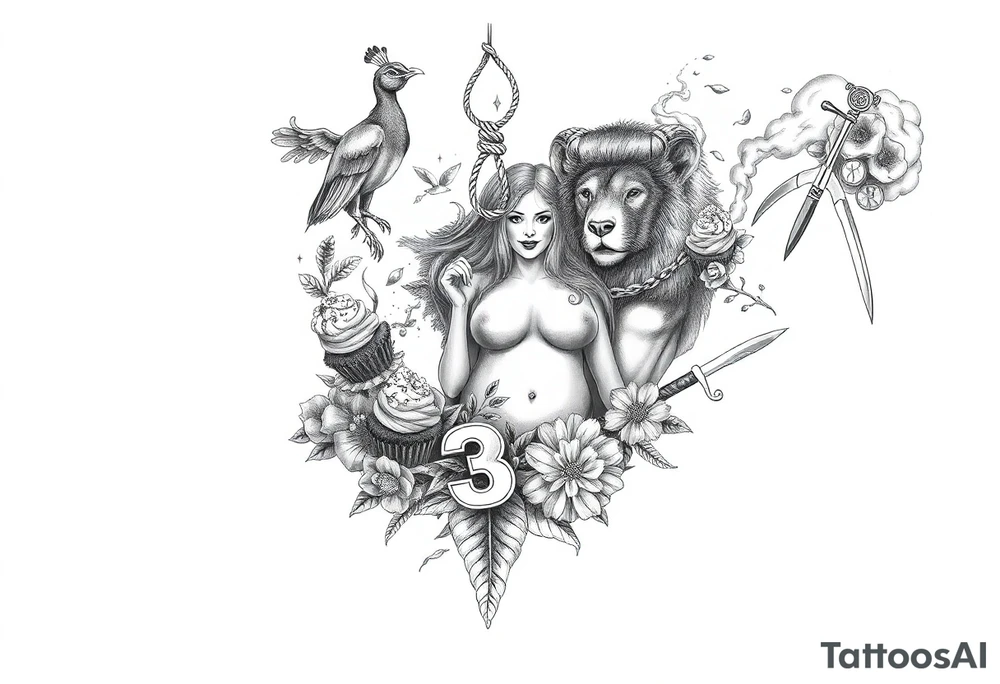 Storm clouds, pig, peacock , fat sexy naked fat woman, cupcakes, noose , money, goat, lion, man and girl having sex, cigerette, drugs, coins, storm lightening, killing, darkness, mirror, razor , knife, surrounded by clouds tattoo idea