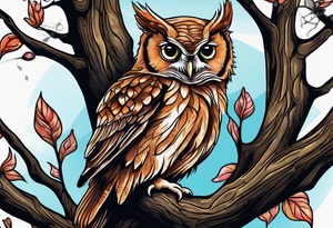 eastern screech owl in tree tattoo idea