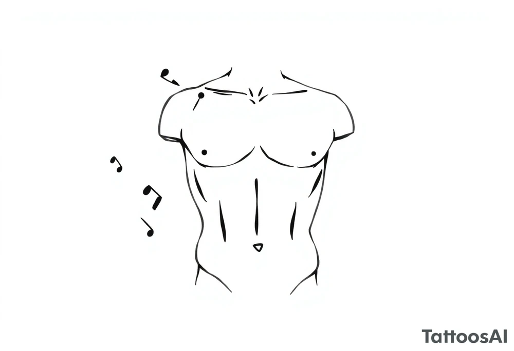Male Greek statue torso. No arms, legs or head. Fit and muscular. Simple design. Hard lines and angles. A few creative arts symbols like music notes scattered around the torso and partially behind it. tattoo idea
