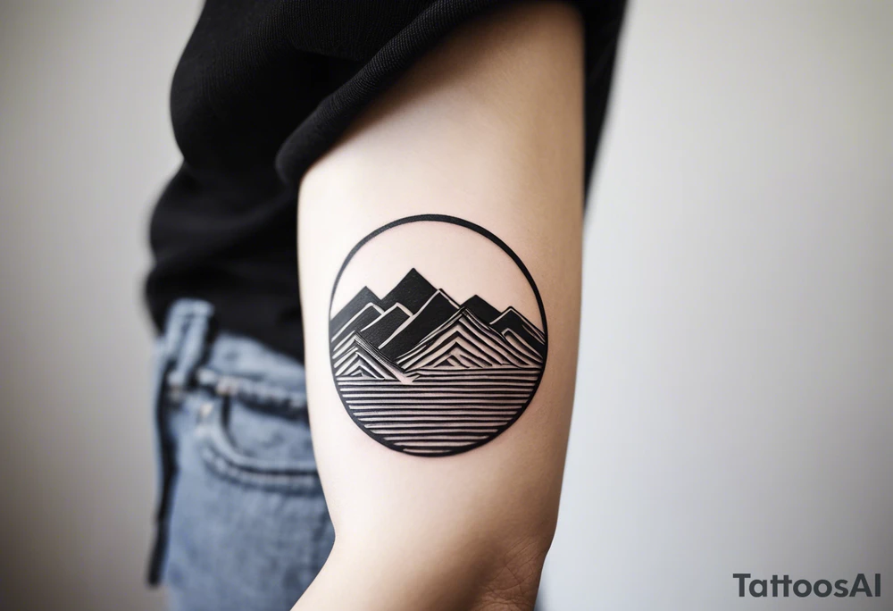 Here’s a concise English description for TattooAI:

	Minimalist black-and-white tattoo placed just above the inner elbow, featuring an open circle symbolizing a new beginning. Inside the circle is a simple, stylized mountain, representing stability and growth. A fine, wavy lifeline extends outward from the mountain, illustrating life’s journey with its ups and downs. Thin, clean lines create a delicate and subtle design. tattoo idea