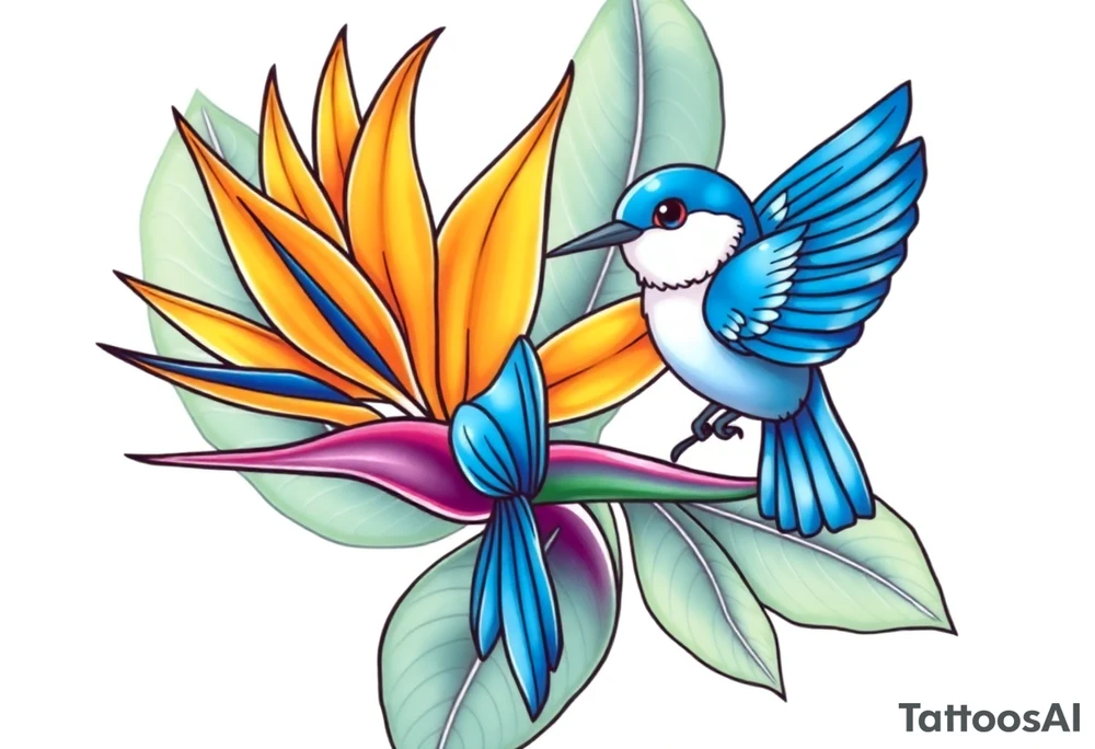 Bird of paradise flower with blue bird tattoo idea
