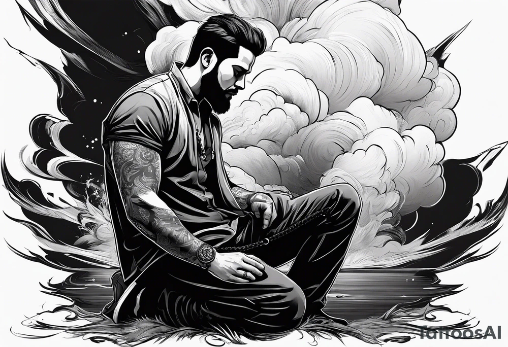 Men kneeling like he went through s bad time and a cloud looking like a debil behind him tattoo idea