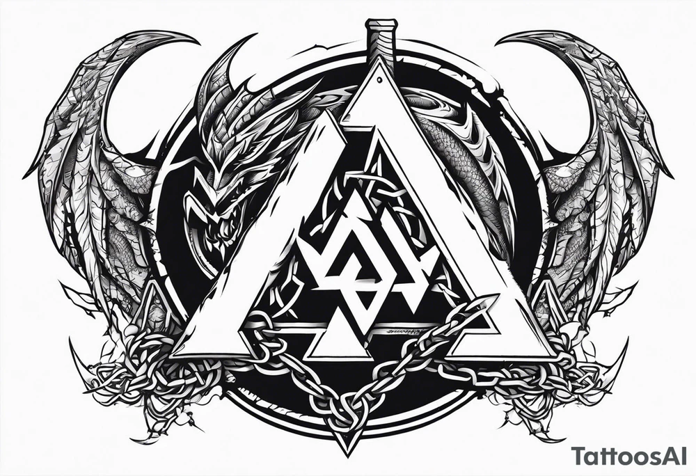 Valhalla sword shield axe barbed wire chains valknut fire dragon tattoo idea Valhalla sword shield axe barbed wire chains valknut fire dragon tattoo idea