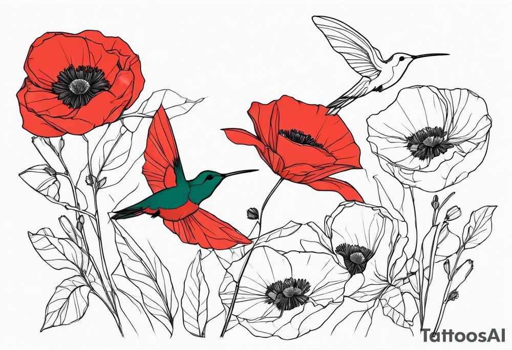 hummingbirds with red poppies tattoo idea