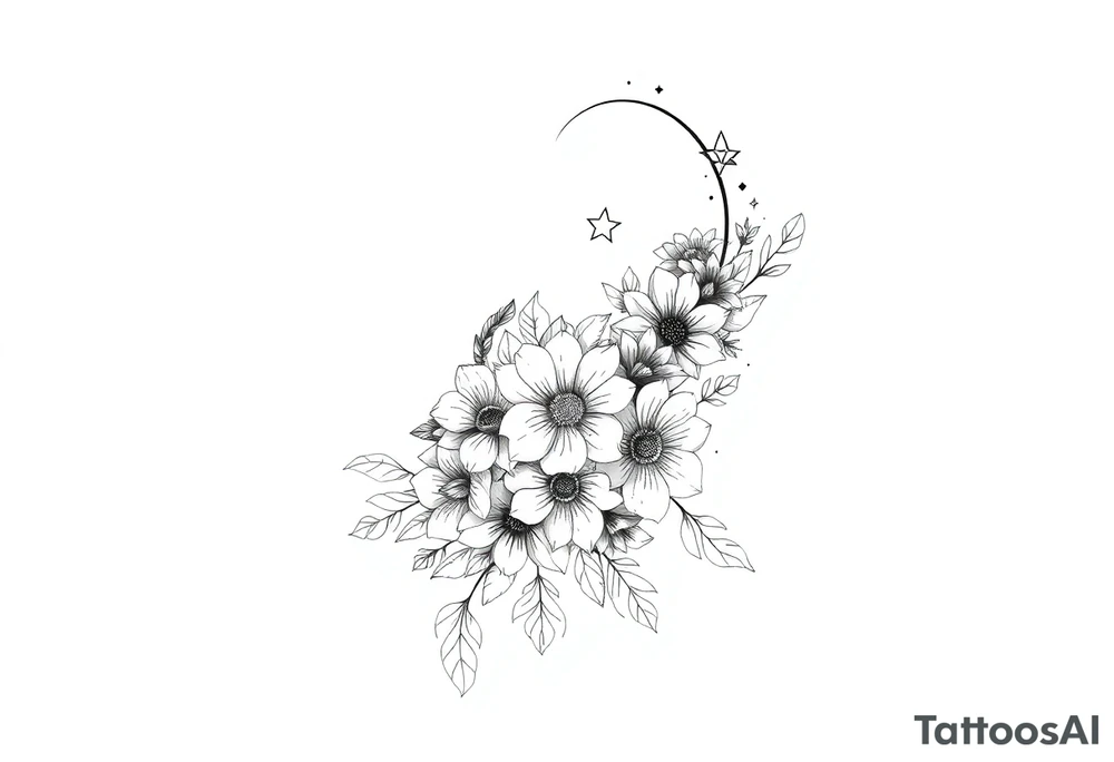 Flower sleeve surrounded by moon and star design for arm tattoo idea