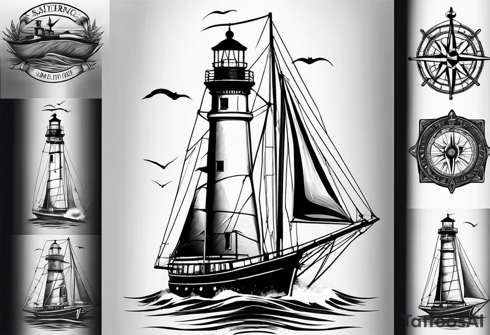 maritime lighthouse in a front view sailboat serving as a mast for a sail. tattoo idea