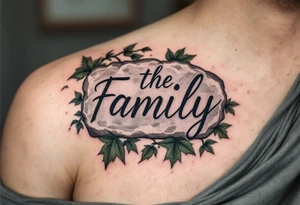 The word family engraved into a stone motif in gray ink, with ivy in muted green wrapping around. tattoo idea