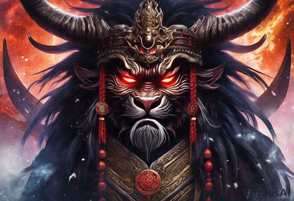 A majestic demon king with devilish features placed above torii gate is depicted in this realism image. The king's deep-set glowing galaxy-styled large eyes give off an aura of power and mystery. The king's head is acting as dreamcatcher and has braids styled like predator, with 2-3 ending with flame-styled feathers. The king's face is intricately dotted in narsimha/ rudra symbols. The head has a crown shaped blue and orangish flames with intricate and prominent koru maori symbols in the shape of trishul/ trident. The image is filled with vibrant colors, with deep blue, purple, and violet, with bright orange and yellow. This face bust (only face) is atop of a torii gate which is in a brush stroke style, somewhat visible. The king looks regal and powerful. tattoo idea