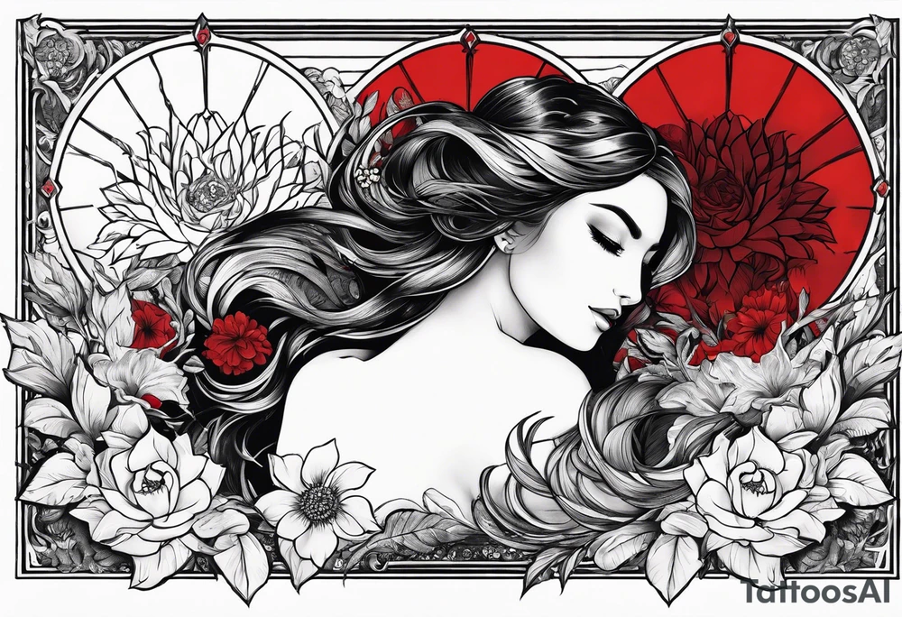 pisces tarot card with black and red flowers tattoo idea