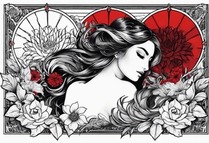 pisces tarot card with black and red flowers tattoo idea