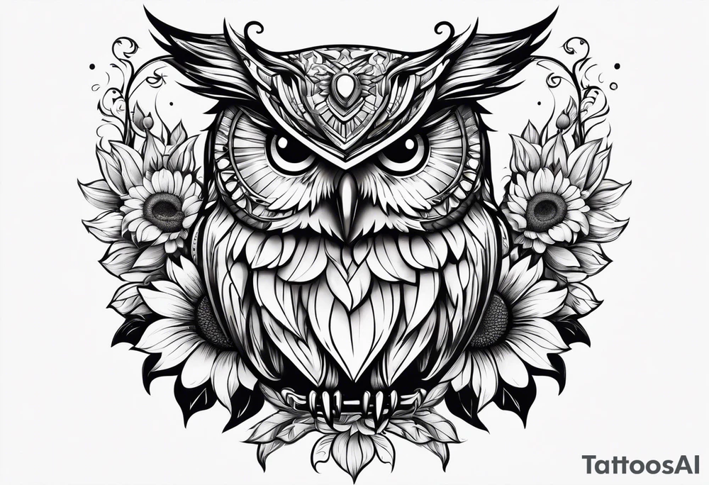 Small owl with butterfly and sunflower leg sleeve tattoo idea