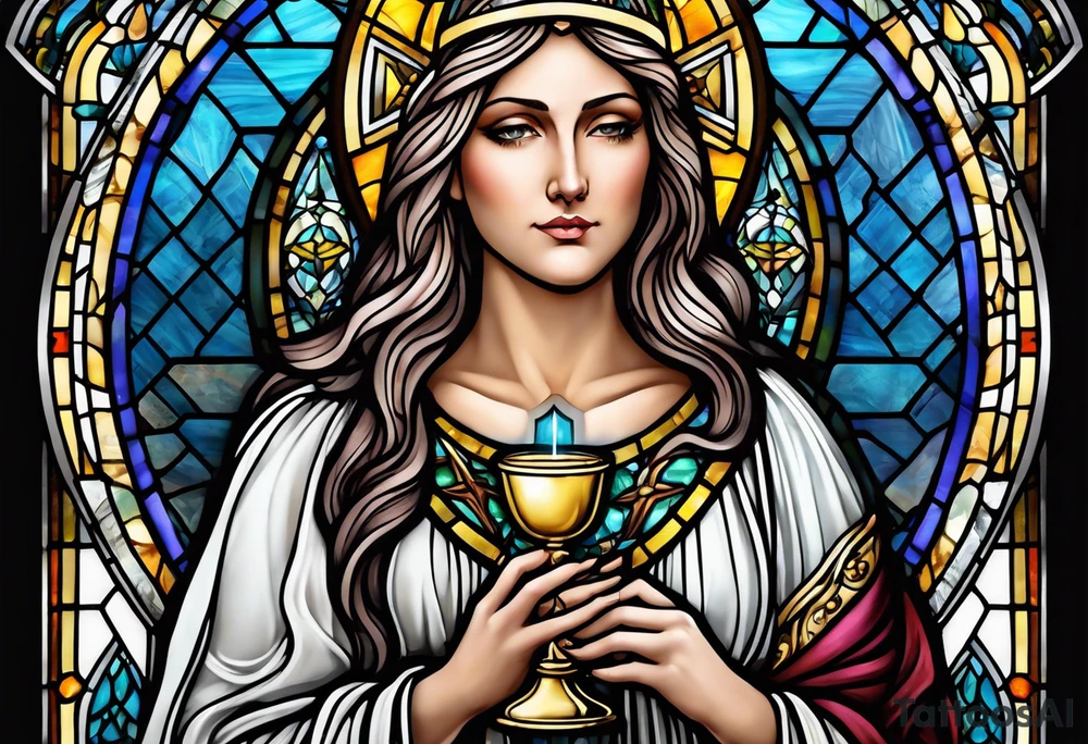 holy saint woman with halo stained glass holding a chalice tattoo idea