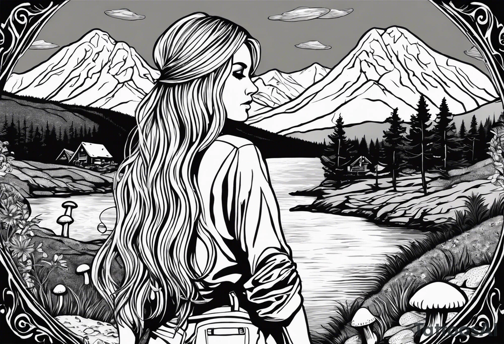 Whole picture encircled fully

Straight long blonde hair hippie girl in distance holding mushrooms in hand facing away toward mountains and creek surrounded by mushrooms long sleeve shirt and hiking pants; whole rendering within a full circle, no cut off circle tattoo idea