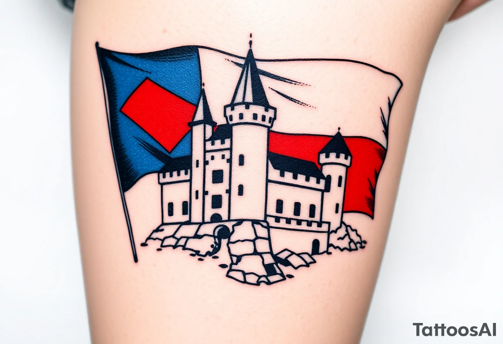A Czech flag (blue, white up, red down) waving behind a medieval castle tattoo idea